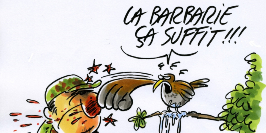 Dessin d'un oiseau mécontent disant à un chasseur " la barbarie ça suffit !"